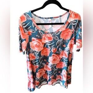 Lularoe medium‎ Teal & orange Perfect T with hearts & roses! NWT